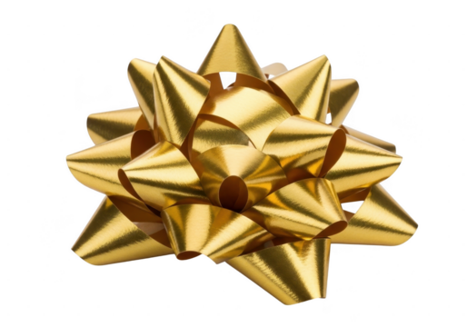 Shiny metallic gold star shaped gift bow decoration isolated on transparent background for celebration and present wrapping