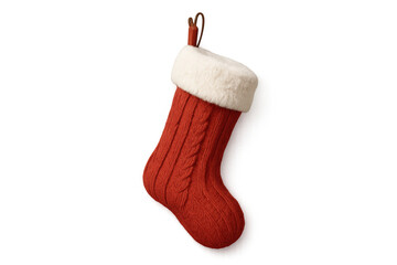Red knitted christmas stocking hanging, decorating for winter holidays, celebrating festive season and gift giving culture