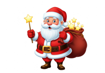 Cute cartoon santa claus character holding a magic star wand and a sack full of glowing stars, isolated on transparent background