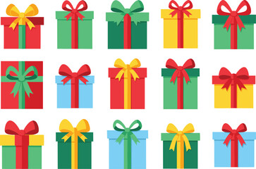 Colorful gift boxes collection with ribbons, festive present packages, holiday celebration elements, bright wrapped gifts for Christmas, birthdays, parties, and events