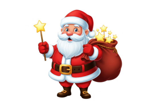 Cute cartoon santa claus character holding a magic star wand and a sack full of glowing stars, isolated on transparent background