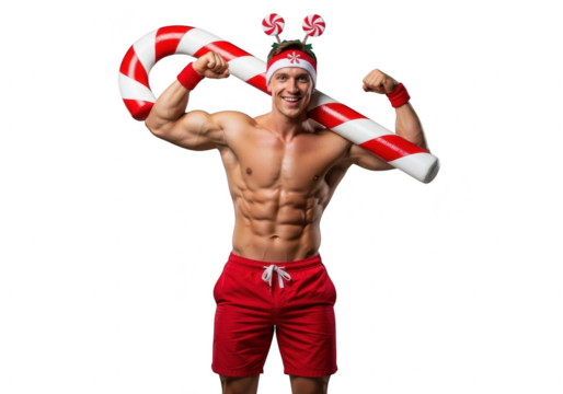 Muscular shirtless man with defined abs wearing red shorts and candy cane headband holding giant candy cane isolated on transparent background