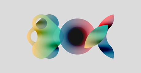 Abstract colorful shapes overlap, creating fluid design. Soft gradients blend, forming dynamic composition. Minimalist aesthetic, modern feel.