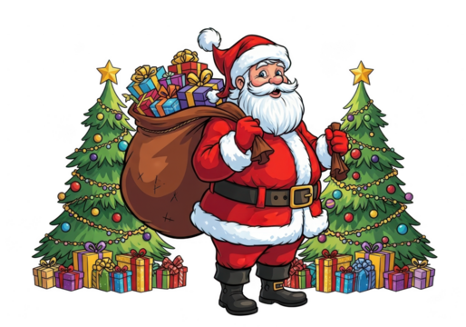 Cartoon illustration of santa claus standing between two decorated christmas trees holding a sack full of presents, isolated on transparent background