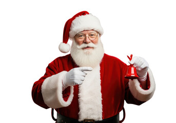 Portrait of happy santa claus wearing traditional red suit and hat, pointing with finger and holding small red gift bell, isolated on transparent background