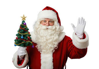 Portrait of cheerful santa claus wearing traditional red suit and hat, holding small decorated christmas tree and waving hand, isolated on transparent background