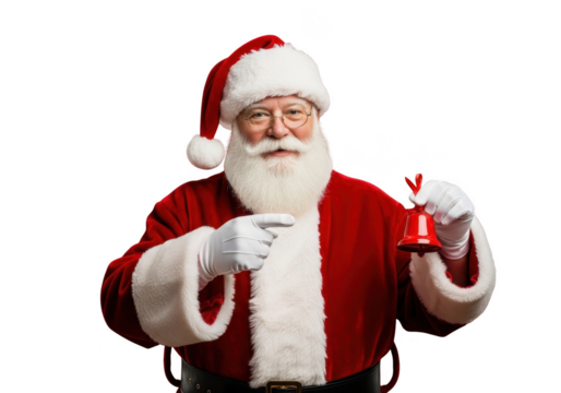 Portrait of happy santa claus wearing traditional red suit and hat, pointing with finger and holding small red gift bell, isolated on transparent background - Powered by Adobe