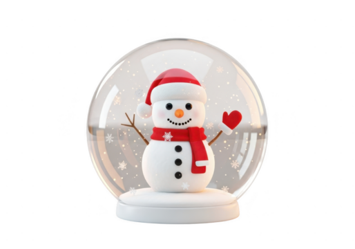 Cute 3d rendered snowman wearing red hat and scarf inside a clear glass snow globe isolated on transparent background