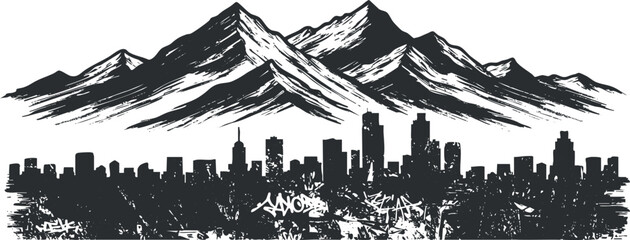 Obraz premium Stylized black and white vector illustration of mountains and a city skyline, ideal for urban design projects and outdoor themes