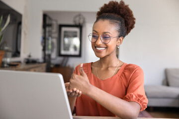 African sign language therapist woman talking on video call