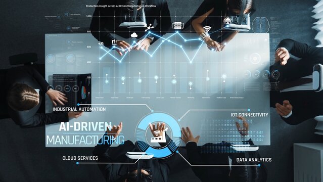 This image showcases a top-down view of a business meeting focused on AI-driven manufacturing, emphasizing data analytics, cloud services, and industrial automation. Raster