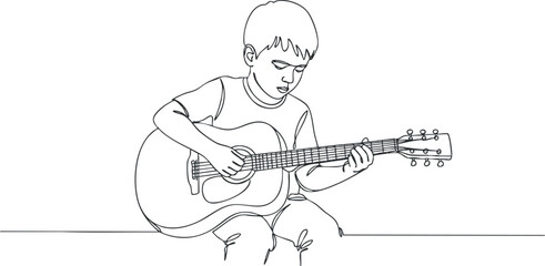 Outline vector illustration of a young boy playing guitar, showcasing creativity and musical talent for art and design projects