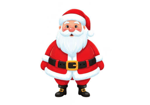 Cute cartoon illustration of santa claus character in traditional red suit with white fur trim and black belt, isolated on transparent background