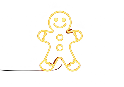 Yellow neon light shaped like a gingerbread man decoration with a black cord, isolated on transparent background