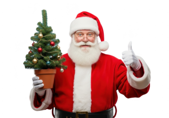 Happy santa claus holding a small potted christmas tree and giving a thumbs up sign, isolated on transparent background