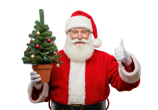Happy santa claus holding a small potted christmas tree and giving a thumbs up sign, isolated on transparent background