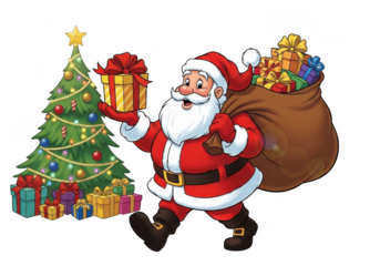 Cheerful santa claus carrying a large sack of colorful presents walking past a decorated christmas tree isolated on transparent background