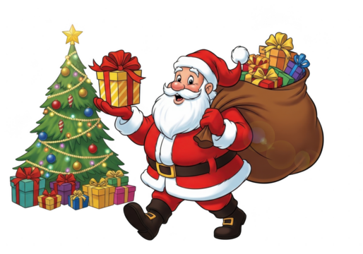Cheerful santa claus carrying a large sack of colorful presents walking past a decorated christmas tree isolated on transparent background