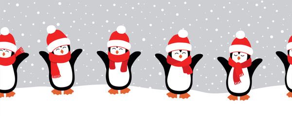Happy Baby Penguins Enjoy Winter Holidays. Christmas Seamless Border. Funny Penguins in Red Hats, Scarves. Cute Animals under Snowing. Vector illustration in Red, White, Black on Gray