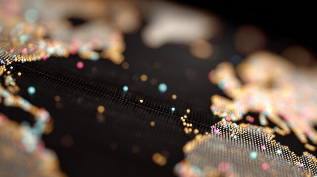 Close-up of a black background with a network of small, colorful dots scattered across it. the dots are of different sizes and colors, including pink, blue, yellow, and green.