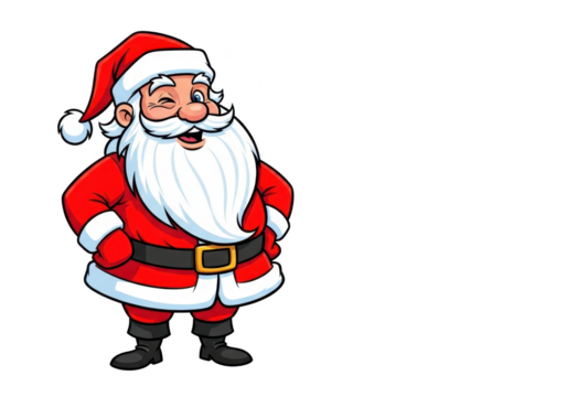 Cartoon illustration of cheerful santa claus winking and standing with hands on hips, isolated on transparent background