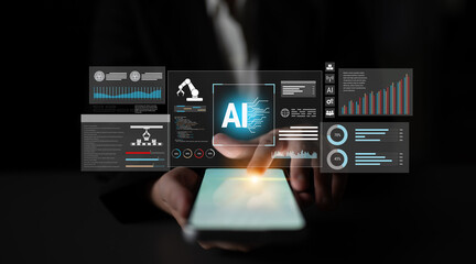 Fototapeta premium Artificial intelligence improves industrial automation, optimizing data analytics, precision robotics, and smart factory operations to enhance performance, productivity, and workflow efficiency. Parse