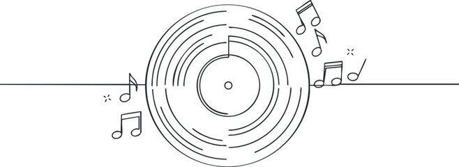 Minimalist black and white vector illustration of a vinyl record with musical notes, ideal for music-themed design projects.