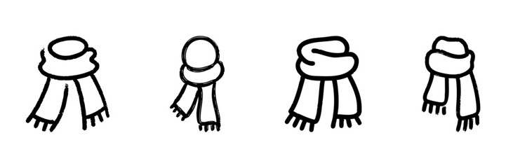 Scarves Line Icon Set In Doodle Style. Winter Fashion Accessories And Warm Clothing Outline Sketch Collection. Cozy And Stylish Neckwear Illustrations. Hand Drawn Isolated Vector Illustration
