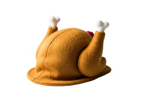 Funny plush turkey hat shaped like a roasted bird with drumsticks up, isolated on transparent background