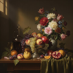 A photorealistic still life of fruits and flowers in the style of the Dutch masters. © Oleg Zhukov