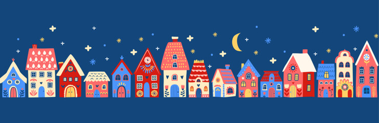 Naklejka premium Scandinavian Winter Village Seamless Pattern, Cozy Folk Art Houses