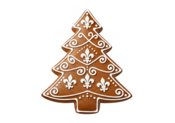 Delicious gingerbread christmas tree cookie decorated with white royal icing fleur de lis pattern, isolated on transparent background