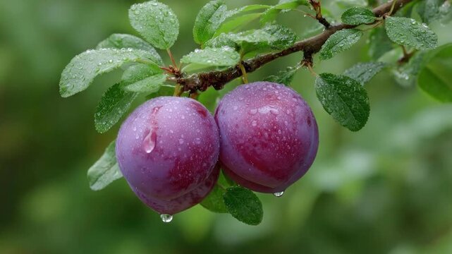 A stunning close-up of two perfectly ripe, vibrant purple plums hanging gently from a leafy branch, glistening with fresh water droplets. The scene captures the essence of natural abundance and purity
