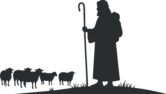 Silhouette vector illustration of a shepherd guiding a flock of sheep in a rural landscape setting