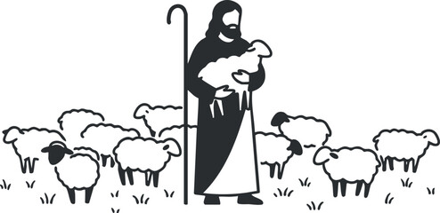 Fototapeta premium Silhouette vector illustration of a shepherd holding a lamb surrounded by sheep in a pastoral setting