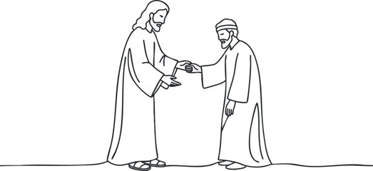 Line art illustration depicting Jesus offering help and guidance to a follower, perfect for religious themes and spiritual projects