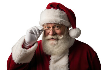Naklejka premium Closeup portrait of a cheerful santa claus adjusting his glasses with a white gloved hand, isolated on transparent background