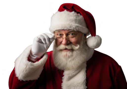 Closeup portrait of a cheerful santa claus adjusting his glasses with a white gloved hand, isolated on transparent background