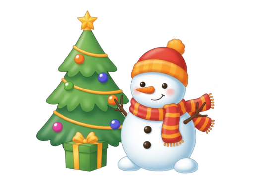 Cute cartoon snowman wearing a striped hat and scarf standing next to a decorated christmas tree with a gift box, isolated on transparent background