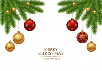 Festive christmas greeting card border design with hanging red and gold bauble ornament decoration on pine branch isolated on transparent background