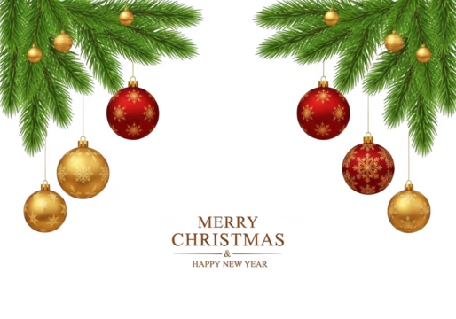 Festive christmas greeting card border design with hanging red and gold bauble ornament decoration on pine branch isolated on transparent background