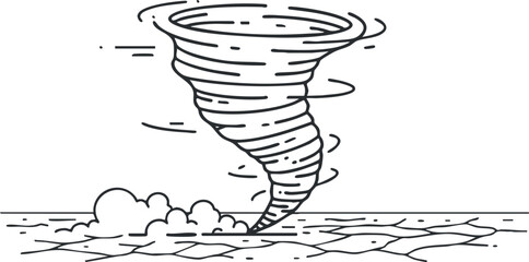 Outline vector illustration of a tornado swirling over a landscape, suitable for weather-related designs and educational materials
