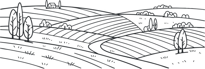 Minimalist black and white vector illustration of rolling countryside fields with trees, ideal for nature-themed projects