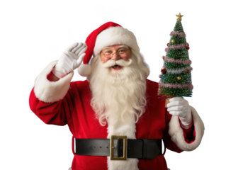 Happy santa claus waving hand and holding small decorated christmas tree isolated on transparent background
