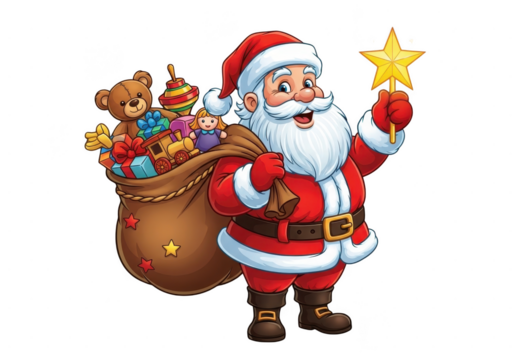 Cheerful cartoon santa claus holding a golden star and carrying a large sack full of colorful christmas toys, isolated on transparent background