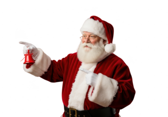 Portrait of santa claus in red suit with white beard ringing a small red bell and pointing to the side, isolated on transparent background