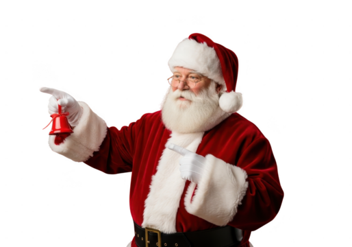 Portrait of santa claus in red suit with white beard ringing a small red bell and pointing to the side, isolated on transparent background
