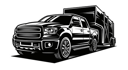 Monochrome illustration of a powerful pickup truck towing a large cargo trailer. © bandi