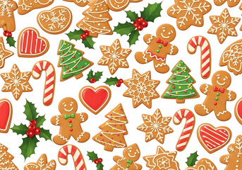 Seamless pattern of assorted gingerbread cookies including gingerbread man, tree, star, candy cane, and holly isolated on transparent background