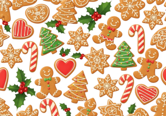 Seamless pattern of assorted gingerbread cookies including gingerbread man, tree, star, candy cane, and holly isolated on transparent background